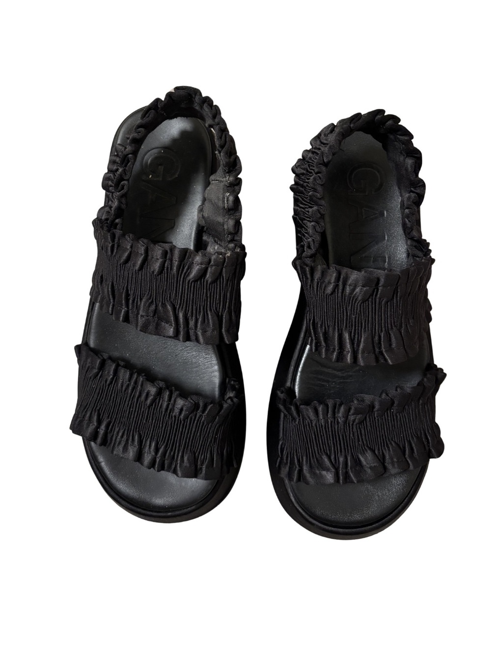 GANNI Black Smocked Satin Flatform Slingback Platform Sandals EU 38 US 8 - Picture 3 of 6
